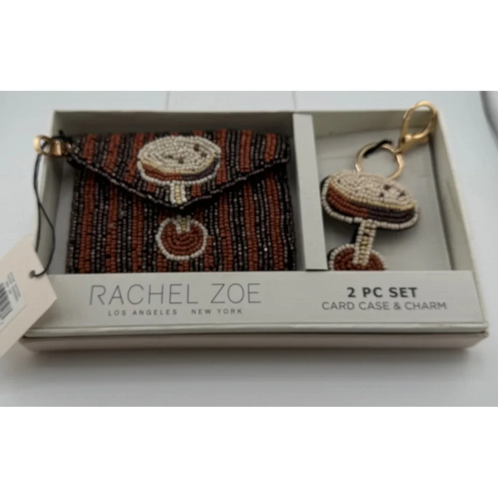 Rachel Zoe Espresso Beaded Mushroom Card Case & Bag Charm 2 Piece Set NWT In Box